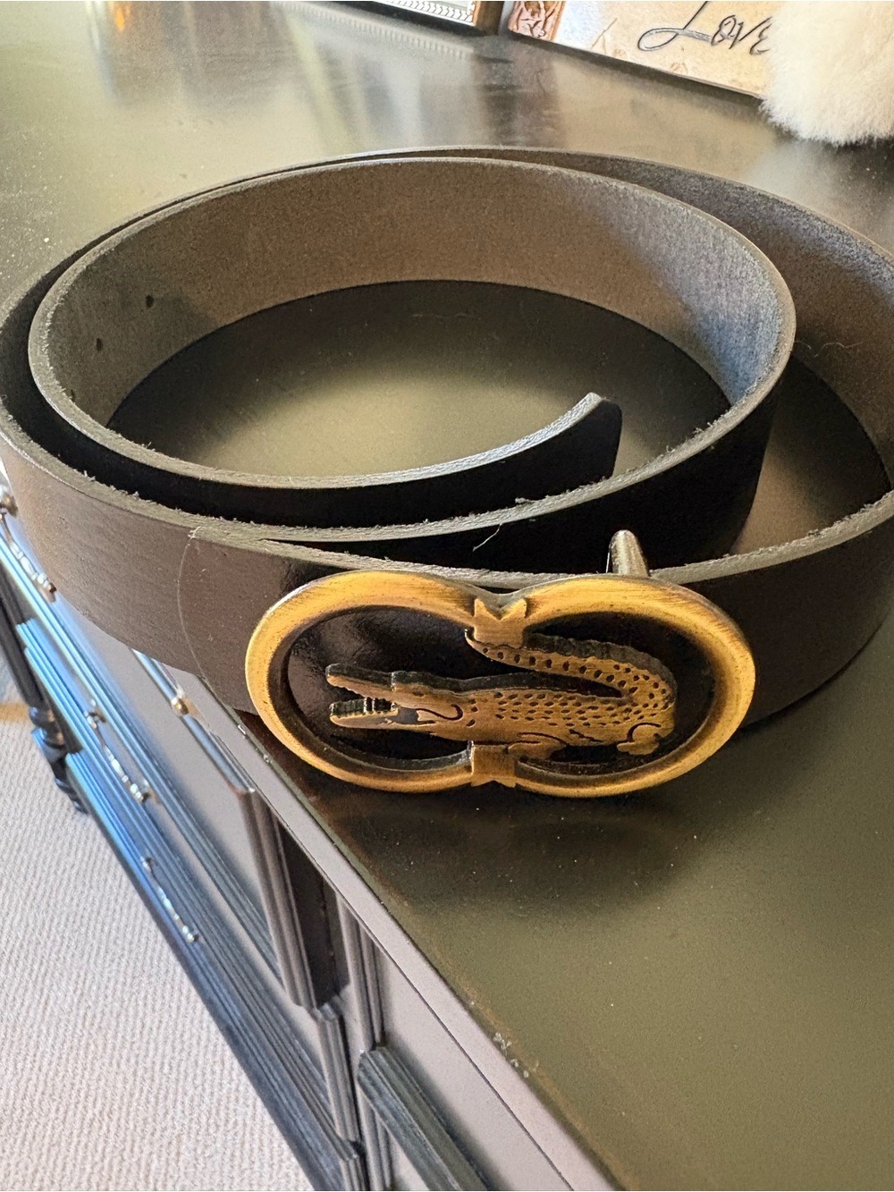 Lacoste Black Leather Belt with Antiqued Gold Crocodile Buckle